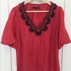 Red Silk Blouse with Beaded Detail